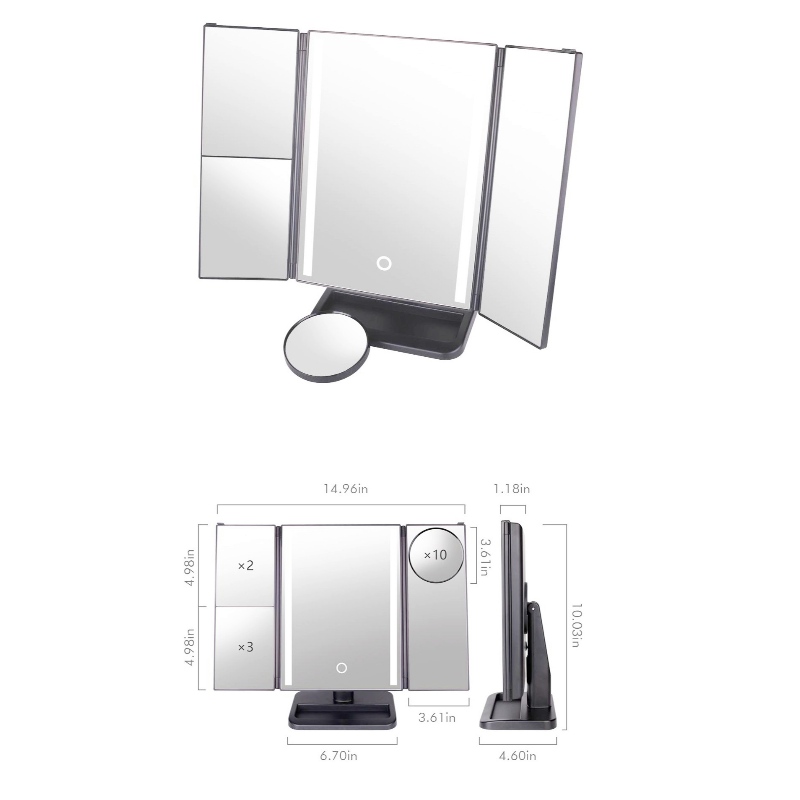 BEALUXUR Осветено тройно огледало за грим, LED сгъваемо 1X 2X 3X 10X увеличително огледало за грим сензорен превключвател, двойно захранване, въртене на 180 градуса